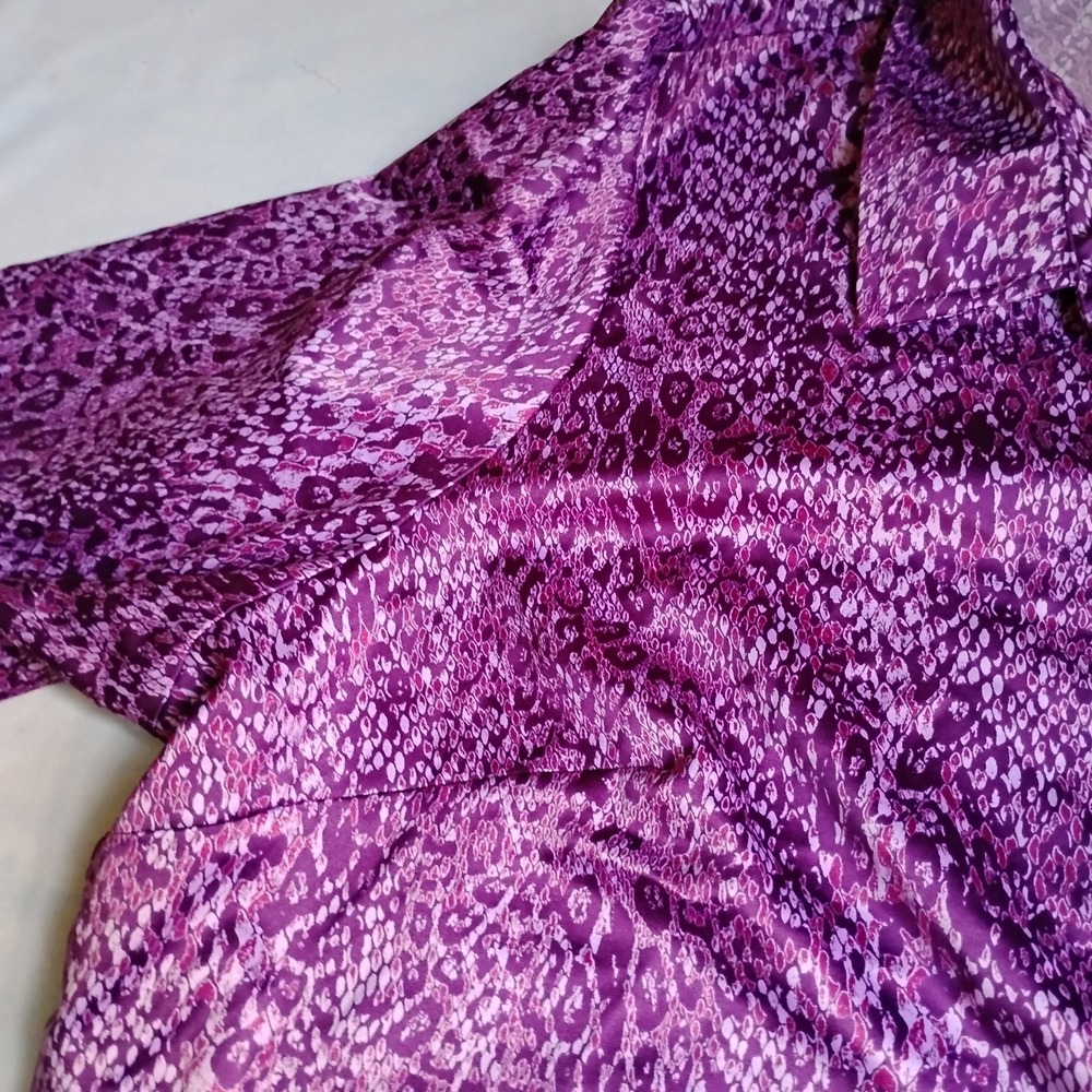 Belle Kim Gravel Top 3x Button Down Animal Print Satin Capsule Office Purple - Picture 6 of 13